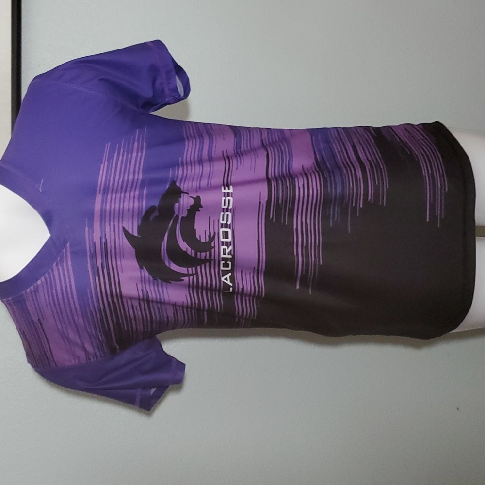 LACROSSE Youth Sports Purple/Black w/Gigantic Wolf Head Logo Shirt-EUC-Sz L